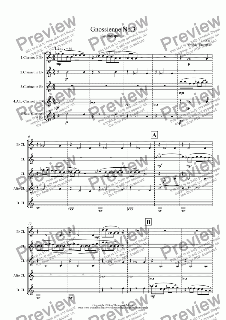 page one of Satie: Gnossienne No.3 (clarinet quintet)