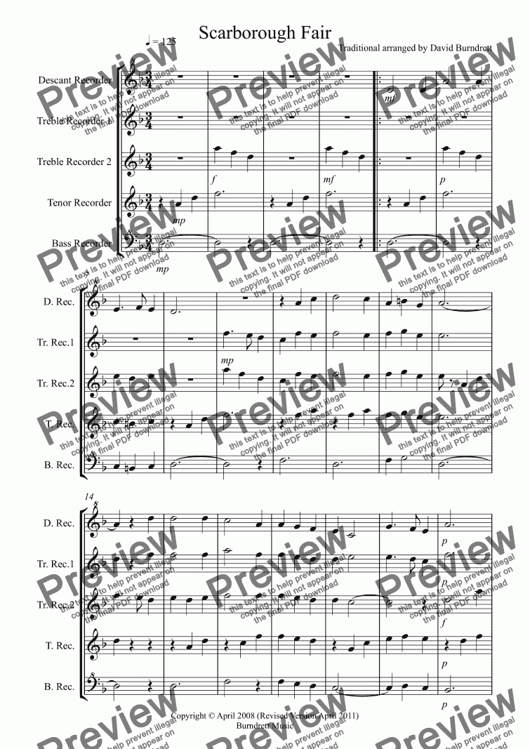 page one of Scarborough Fair for Recorder Quintet