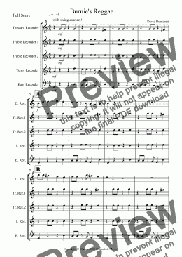 page one of Burnie’s Reggae for Recorder Quintet