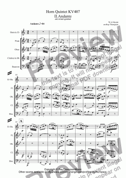 page one of Mozart: Horn Quintet in Eb major KV407 II.Andante (arr.wind quintet)