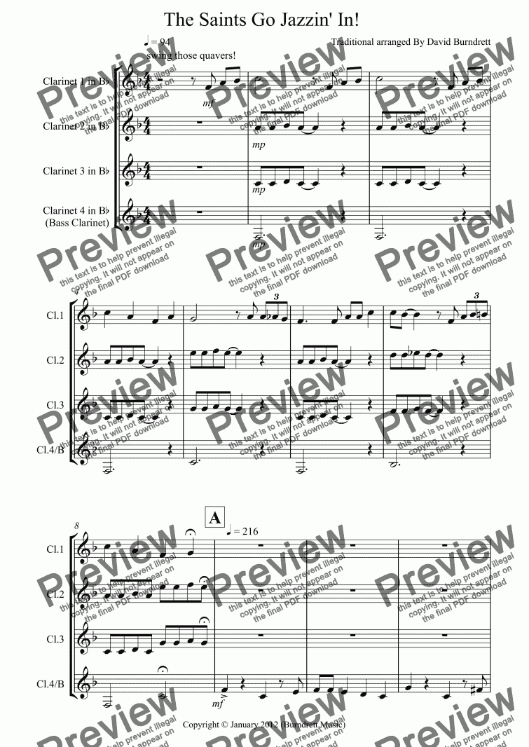page one of The Saints Go Jazzin’ In! for Clarinet Quartet