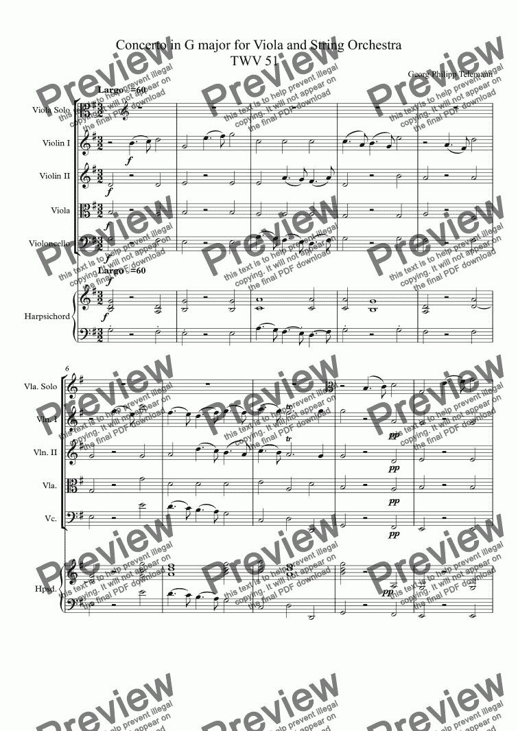 page one of Telemann - Concerto in G for Viola, String Orchestra and continuo                                 TWV 51