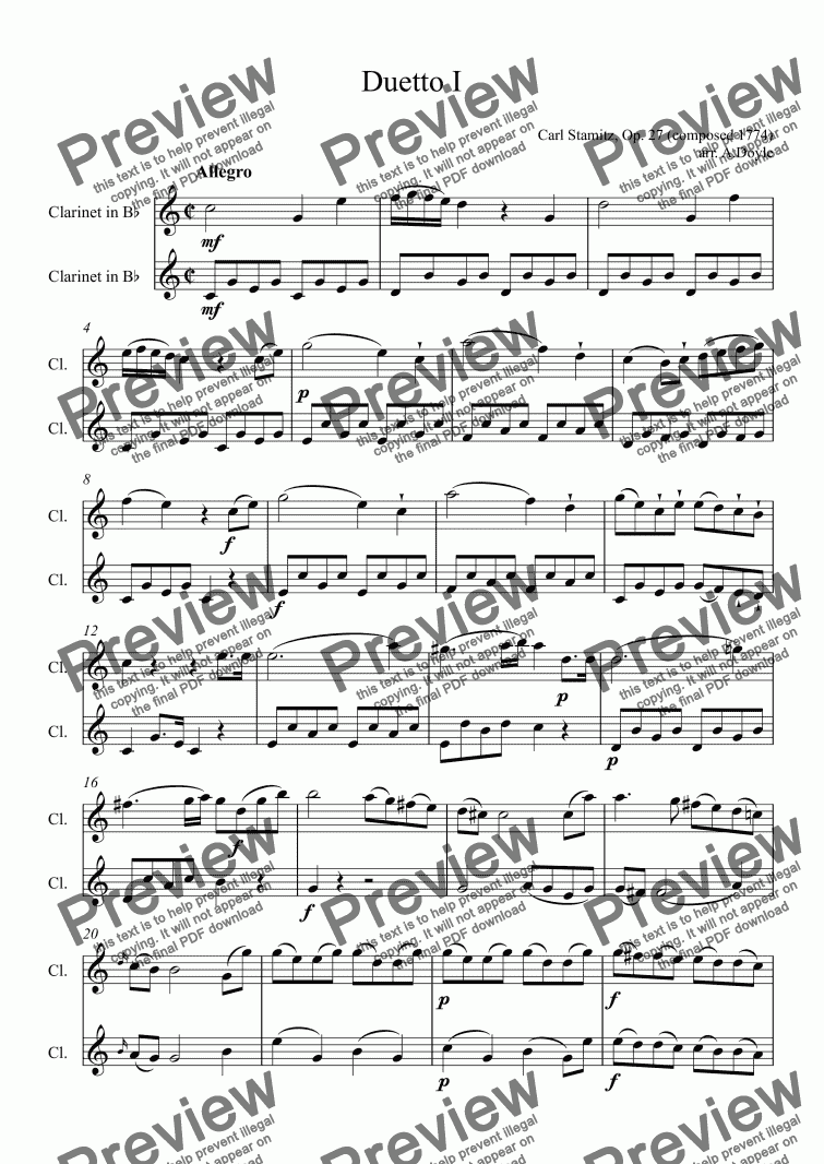 page one of Duetto I for 2 Clarinets