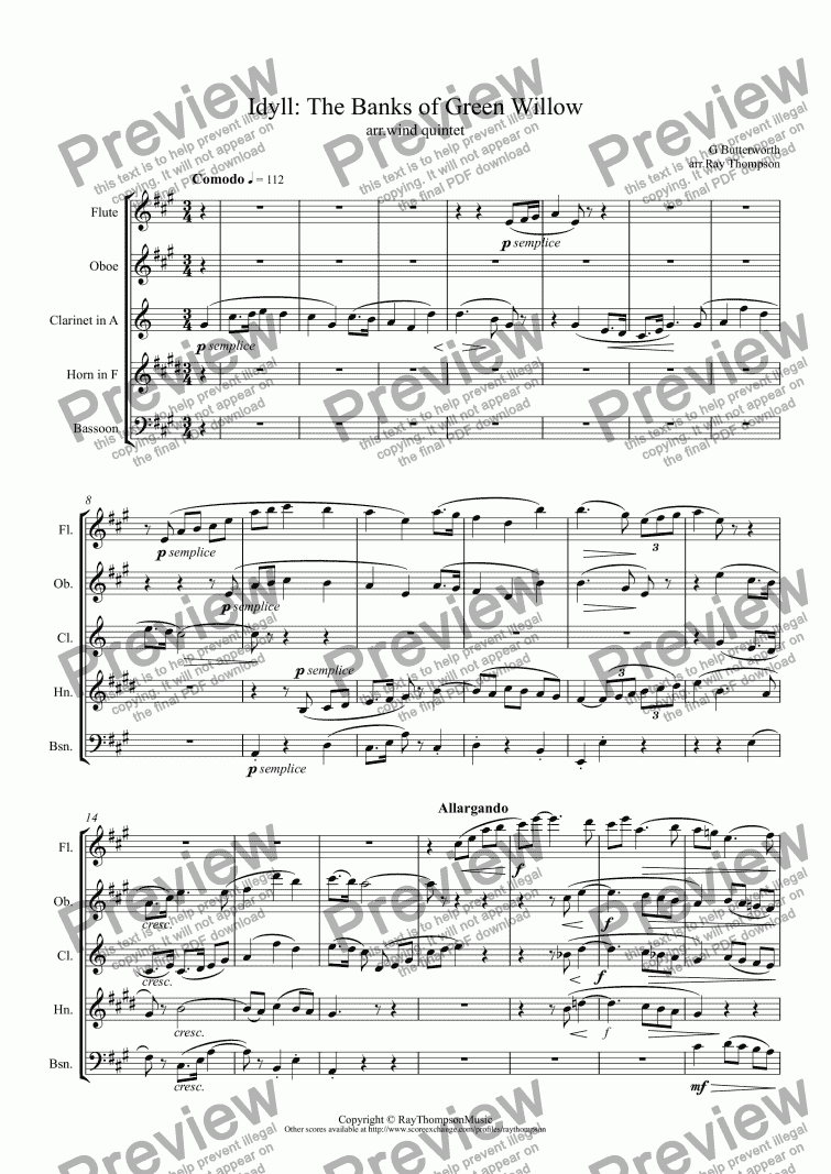 page one of Butterworth: The Banks of Green Willow (Idyll) (original key A major) (arr.wind quintet)
