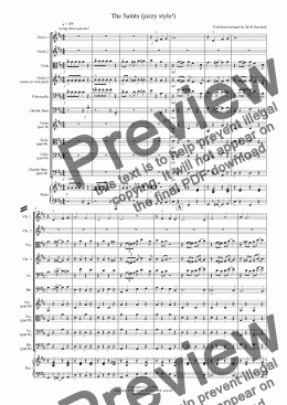 page one of The Saints (jazzy style!) for Beginner and Advanced String Orchestra