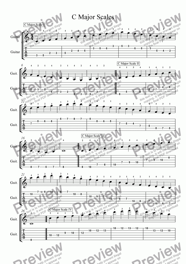 page one of C Major Scales-Guitar