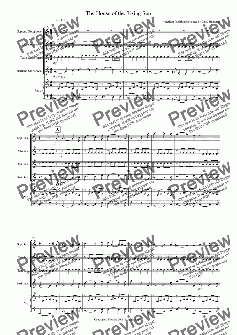 page one of House of the Rising Sun for Saxophone Quartet