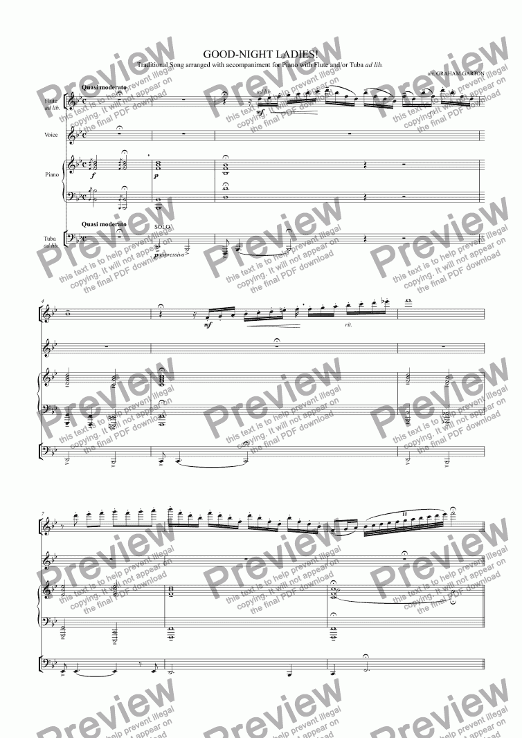 page one of SONG - GOOD-NIGHT LADIES! Traditional tune with Piano and/or Flute and Tuba ad lib. A party piece for the end of a Dinner