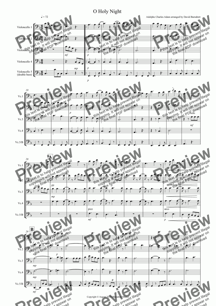 page one of O Holy Night for Cello Quintet