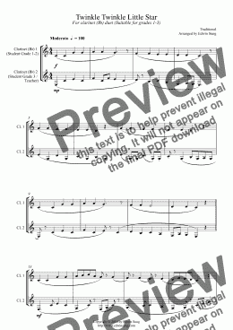 page one of Twinkle Twinkle Little Star (for clarinet (Bb) duet, suitable for grades 1-3)