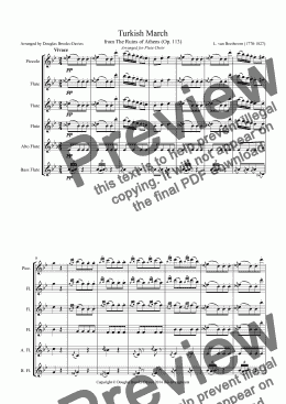 page one of Beethoven: Turkish March from The Ruins of Athens (Op. 113) arranged for Flute Choir (picc, 3fl, afl, bfl)
