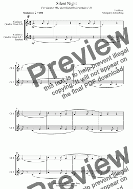 page one of Silent Night (for clarinet(Bb) duet, suitable for grades 1-5)