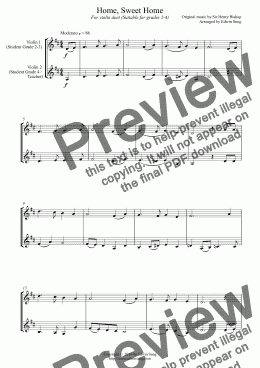 page one of Home, Sweet Home (for violin duet, suitable for grades 2-4)