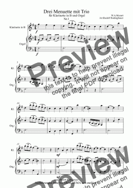 page one of Drei Menuette v.W.A.Mozart fuer Klarinette in B und Orgel