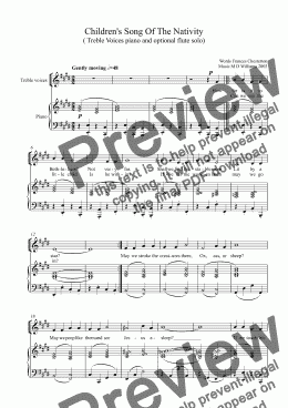 page one of Children's Song Of The Nativity ( Treble Voices piano and optional flute solo)
