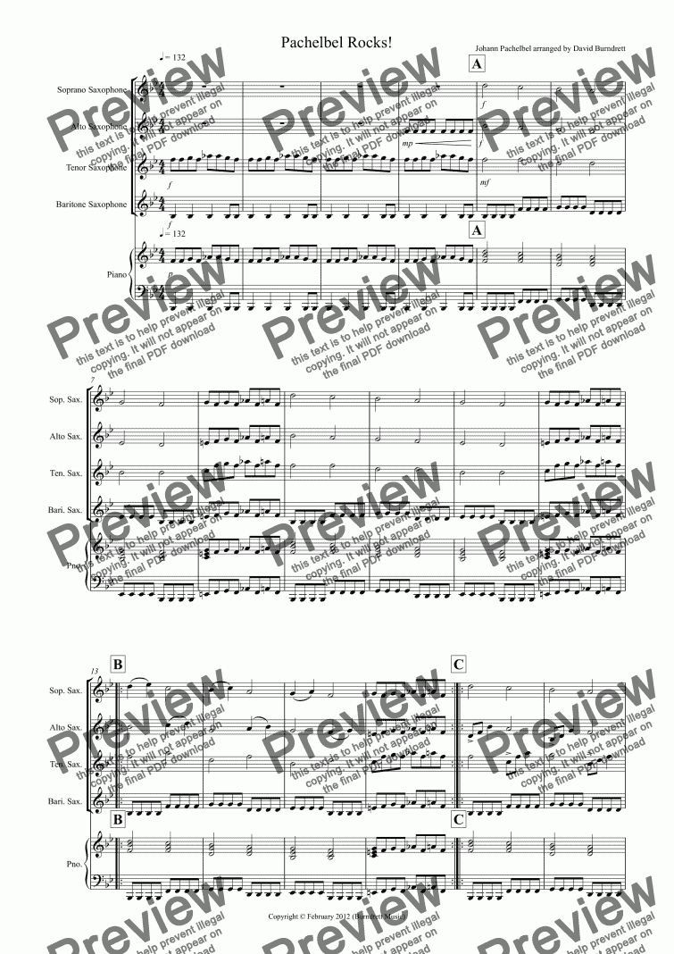 page one of Pachelbel Rocks! for Saxophone Quartet