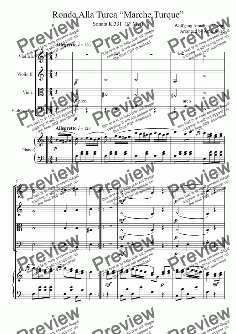 page one of Rondo Alla Turca “Marche Turque” - Turkish March for Mozart Arranged for Piano and String Orchestra
