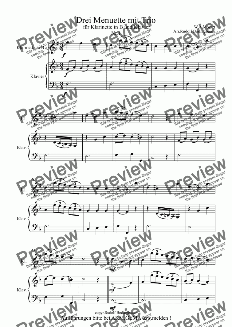 page one of Drei Menuette v. W.A.Mozart f.Klarinette in B und Klavier