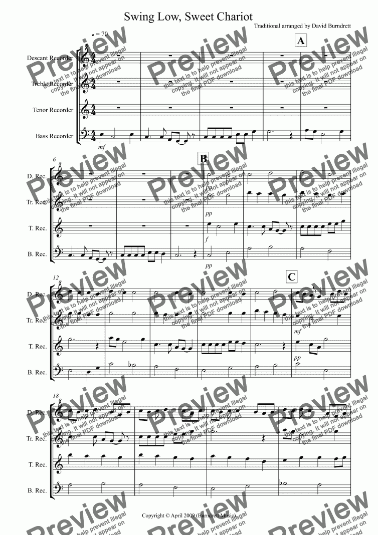 page one of Swing Low, Sweet Chariot for Recorder Quartet