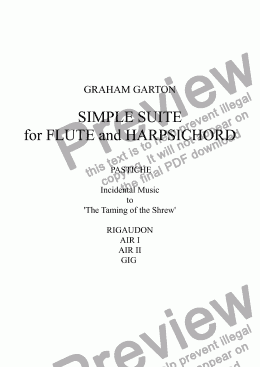 page one of INSTRUMENTAL - SIMPLE SUITE for FLUTE and HARPSICHORD ’ Pastiche’ Incidental Music for ’The Taming of the Shrew’ - ’Rigaudon - Air I -  Air II- Gig’
