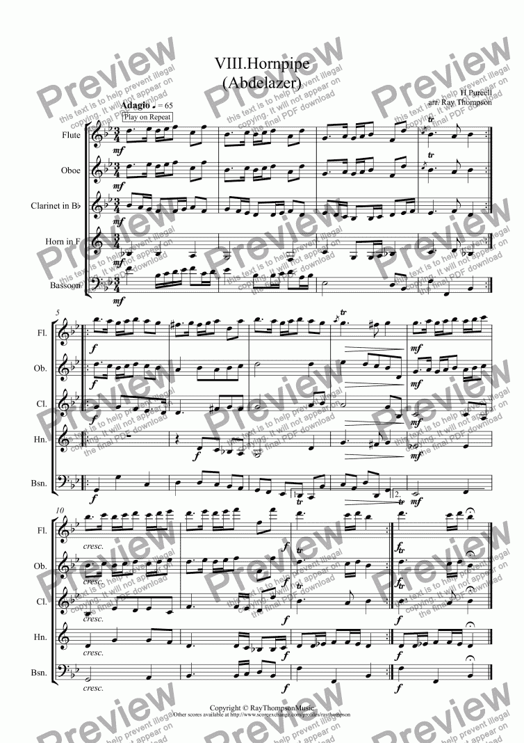 page one of Purcell: Suite from Abdelazer: Mvt.VIII.Hornpipe (aka "Hole in the Wall")( arr.wind quintet