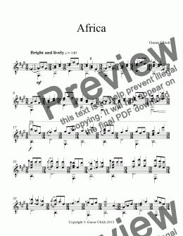 page one of Africa for solo guitar