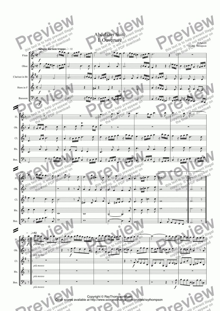 page one of Purcell: Suite from Abdelazer (Complete): 1. Ouverture 2. Rondeau 3. Air 4. Air 5. Minuet 6. Air 7. Jig 8. Hornpipe 9.Air (arr.wind quintet) 