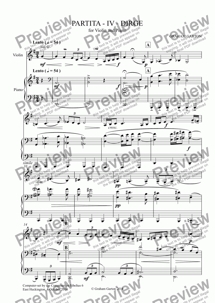 page one of INSTRUMENTAL - PARTITA for VIOLIN and PIAN0 in Six Movements -  No.4 DIRGE