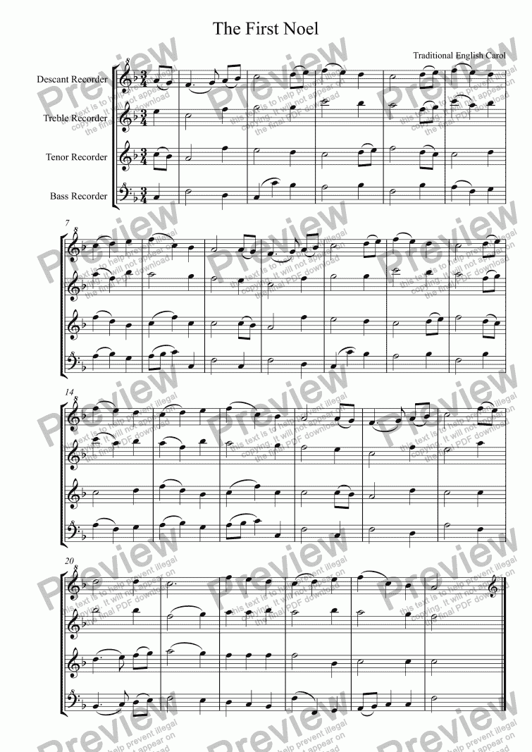 page one of 20 Christmas Carols for Recorder Quartet