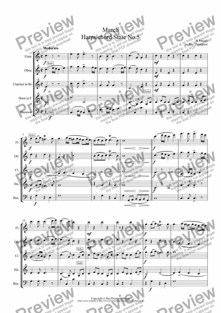 page one of Purcell: March (Harpsichord Suite No.5) arr.wind quintet