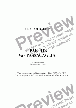 page one of INSTRUMENTAL - PARTITA for VIOLIN and PIANO in Six Movements - No5a PASSACAGLIA Transcription 12/8 to 3/4                  Va - PASSACAGLIA