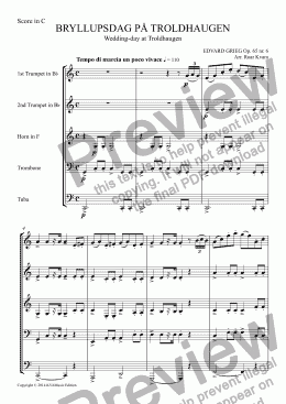 page one of Grieg: Bryllupsdag på Troldhaugen/Wedding-day at Troldhaugen (Brass Quintet)