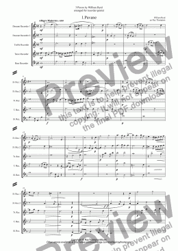 page one of Byrd: 3 Pieces for recorder quintet: 1.Pavane: The Earle of Salisbury 2.Galiardo 3.Victoria