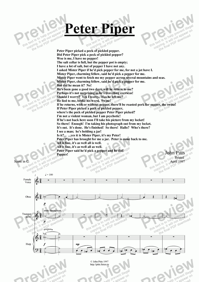 page one of Peter Piper (female voice, oboe, trumpet, harp) [1997]