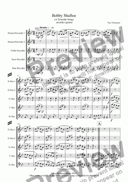 page one of Tyneside Songs: Bobby Shaftoe: An Original composition based on the traditional tune: recorder quintet