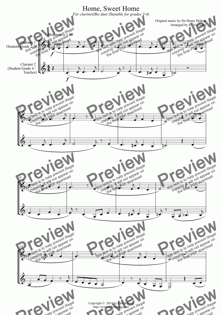 page one of Home, Sweet Home (for clarinet(Bb) duet, suitable for grades 2-4)