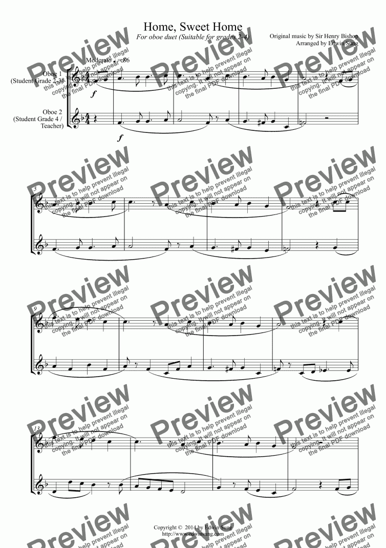 page one of Home, Sweet Home (for oboe duet, suitable for grades 1-3)