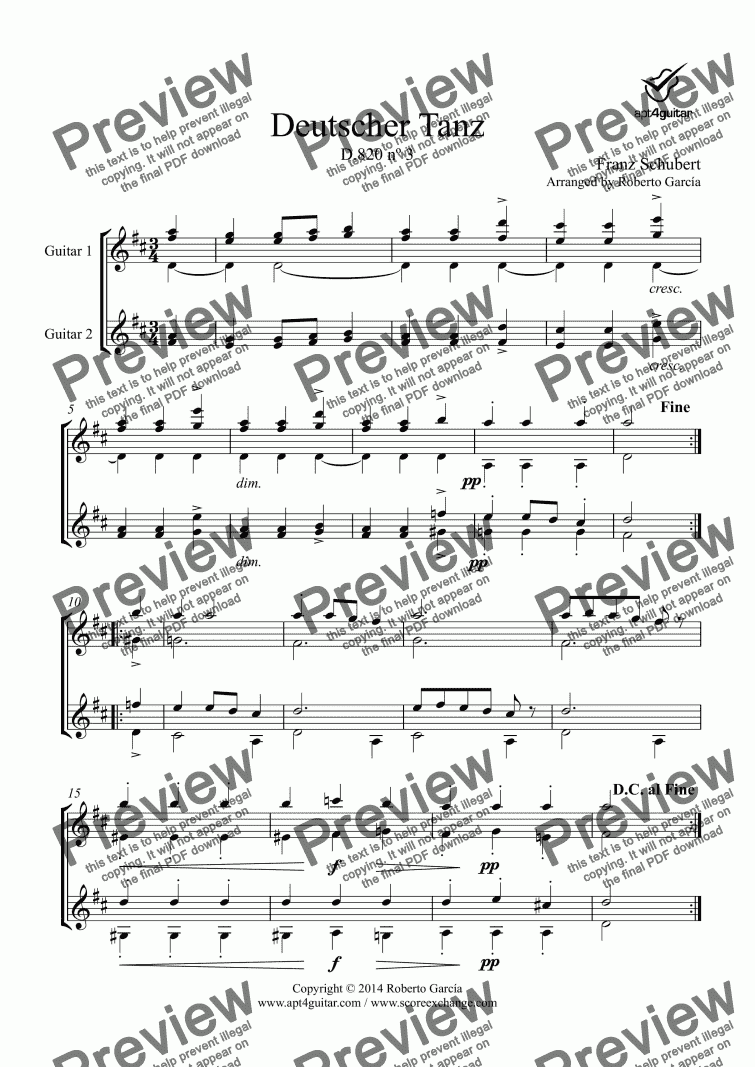 page one of Deutscher Tanz D.820 nº 3 for guitar duet