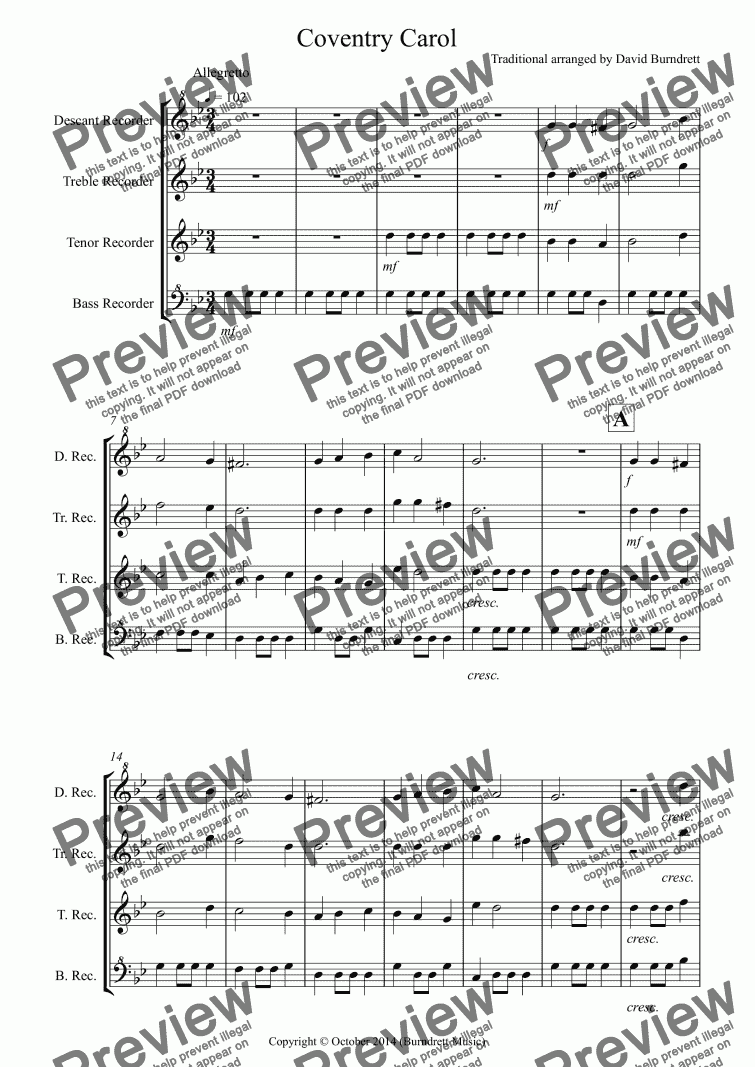 page one of Coventry Carol for Recorder Quartet