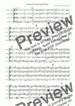 page one of Pavane from the Capriol Suite for Recorder Quartet