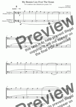 page one of My Bonnie Lies Over The Ocean (for trombone duet, suitable for grades 2-6)