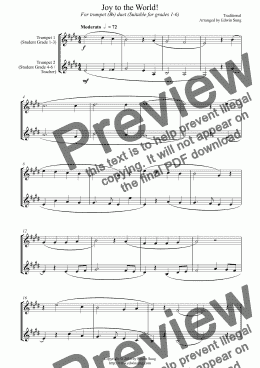 page one of Joy to the World (for trumpet (Bb) duet, suitable for grades 1-5)