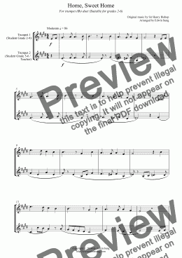 page one of Home, Sweet Home (for trumpet (Bb) duet, suitable for grades 2-6)
