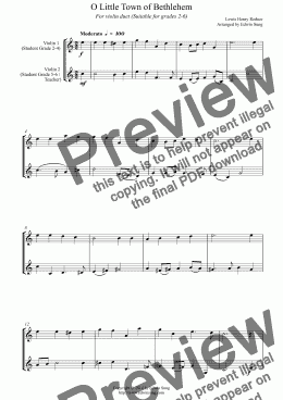 page one of O Little Town of Bethlehem (for violin duet, suitable for grades 2-6)