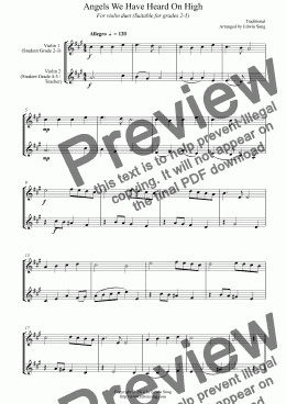 page one of Angels We Have Heard On High (for violin duet, suitable for grades 2-5)
