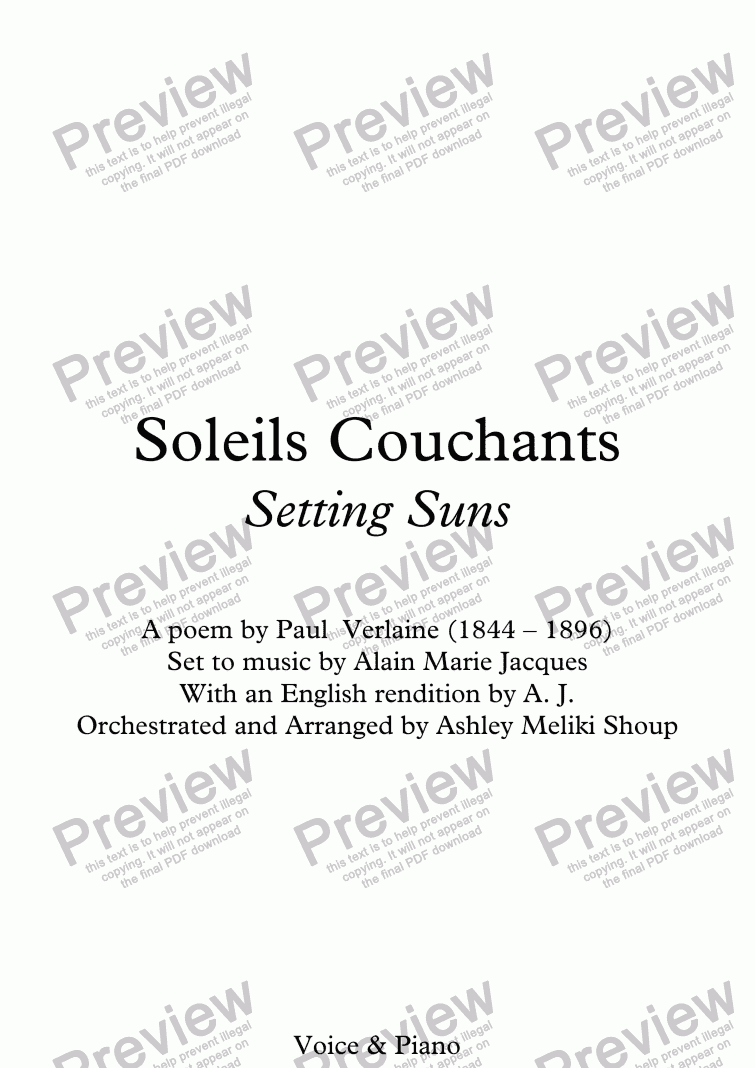 page one of Soleils couchants (A. Jacques / Verlaine) - Voice, Harmonica & Piano - bilingual