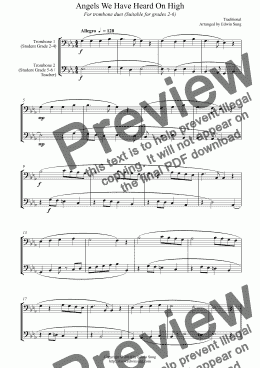 page one of Angels We Have Heard On High (for trombone duet, suitable for grades 2-6)