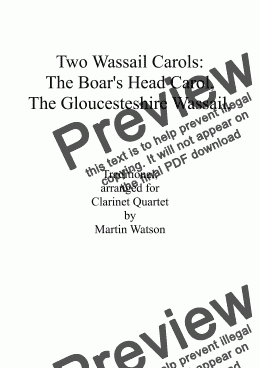 page one of Boar’s Head Carol and Gloucestershire Wassail for Clarinet Quartet.