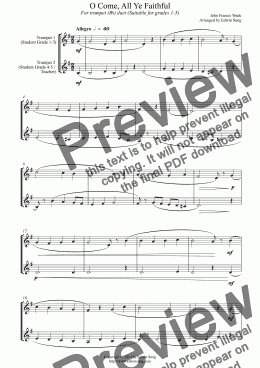 page one of O Come, All Ye Faithful (for trumpet (Bb) duet, suitable for grades 1-5)