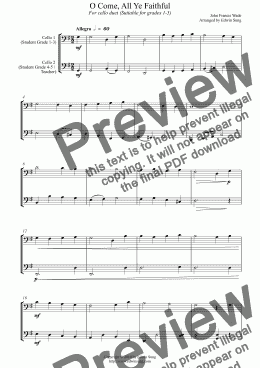 page one of O Come, All Ye Faithful (for cello duet, suitable for grades 1-5)